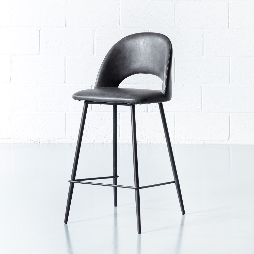 WALTER - Grey Leather Bar Stool (65 cm)
