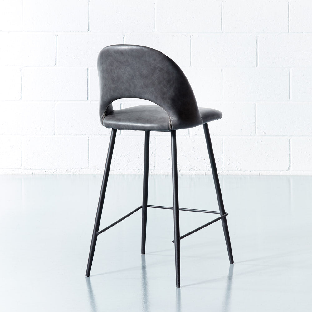 WALTER - Grey Leather Bar Stool (65 cm)