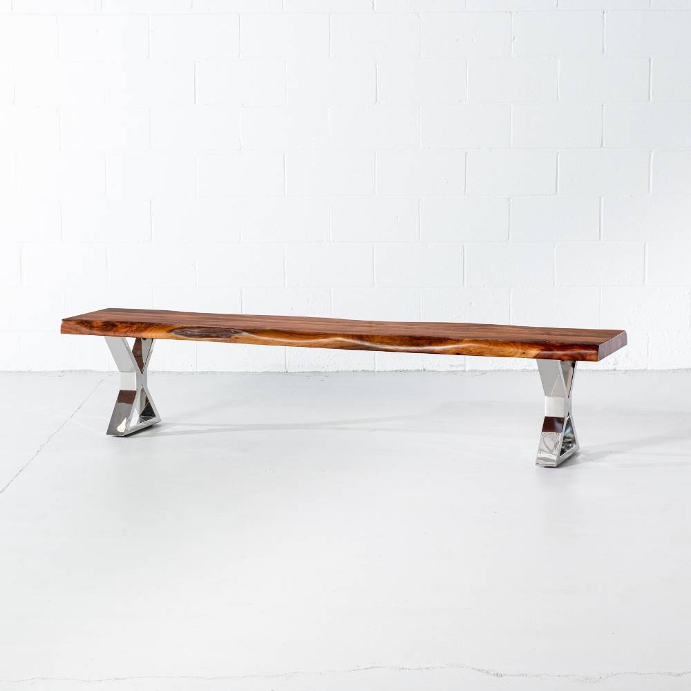 Acacia Live Edge Wood Bench with Chrome X-shaped Legs/Natural Finish