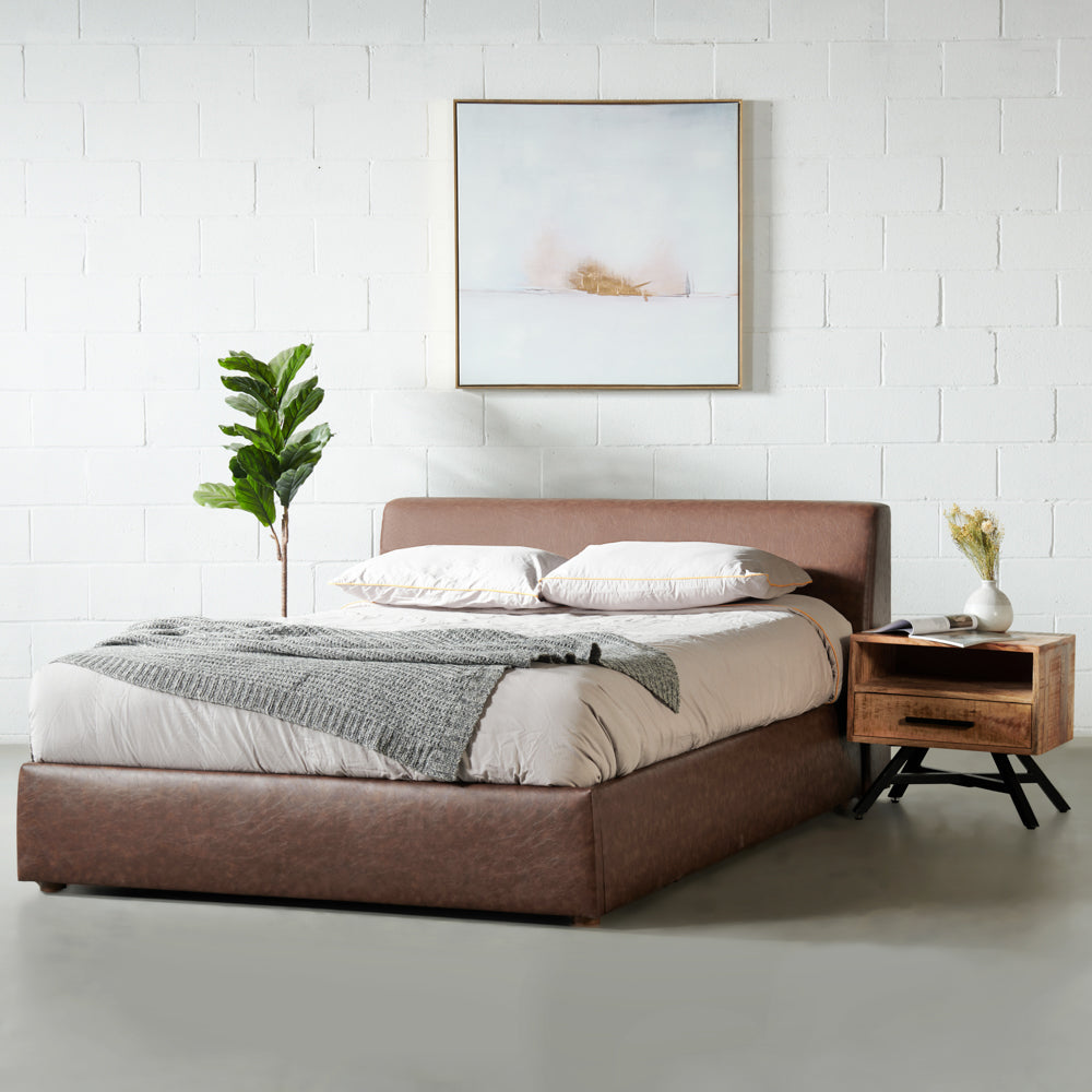 HARPER - Brown Vegan Leather Lift Up Storage Platform Bed