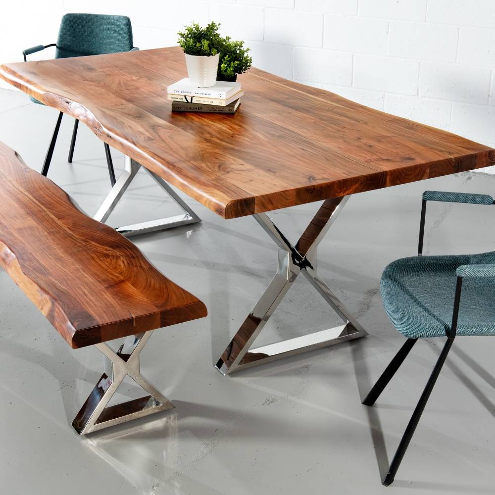 Acacia Live Edge Wood Table with Chrome X Legs/Natural Color
