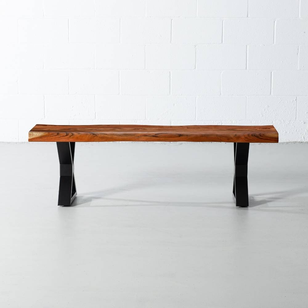 Acacia Live Edge Wood Bench with Black X-shaped Legs/Natural Color