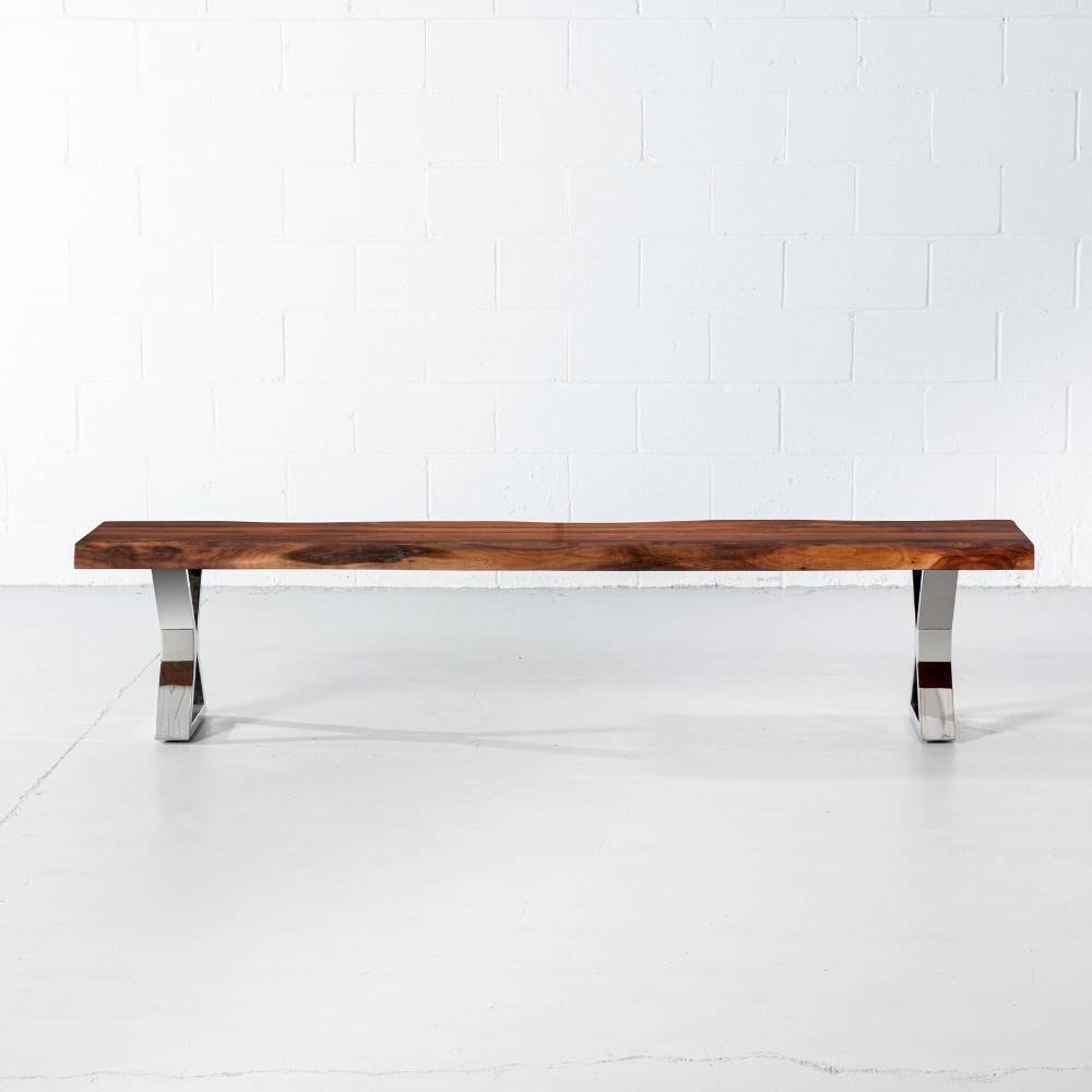 Acacia Live Edge Wood Bench with Chrome X-shaped Legs/Natural Finish