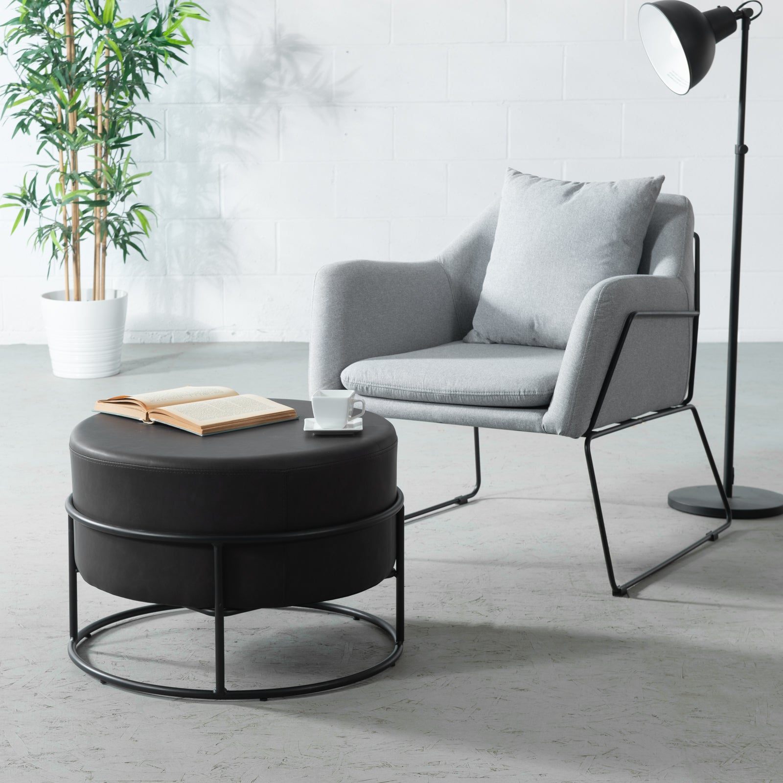 CAMERON - Black Leather Ottoman