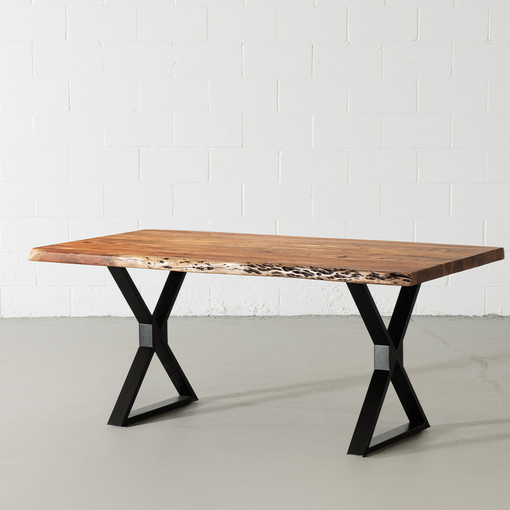 Acacia Live Edge Dining Table with Black X Shaped Legs/Natural Color