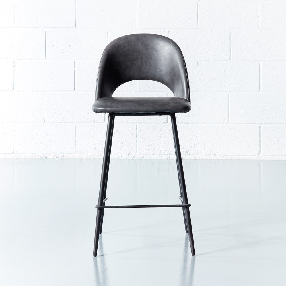 WALTER - Grey Leather Bar Stool (65 cm)