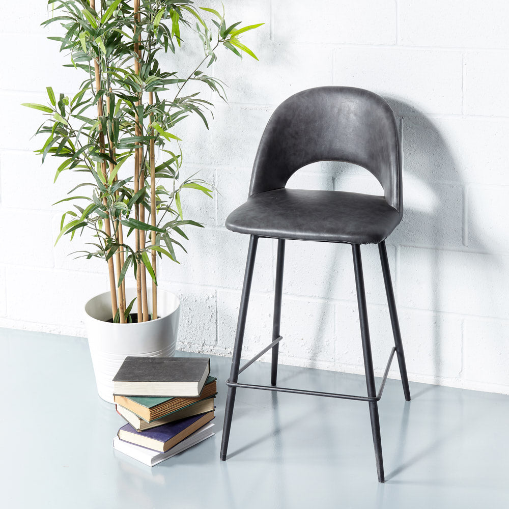 WALTER - Grey Leather Bar Stool (65 cm)