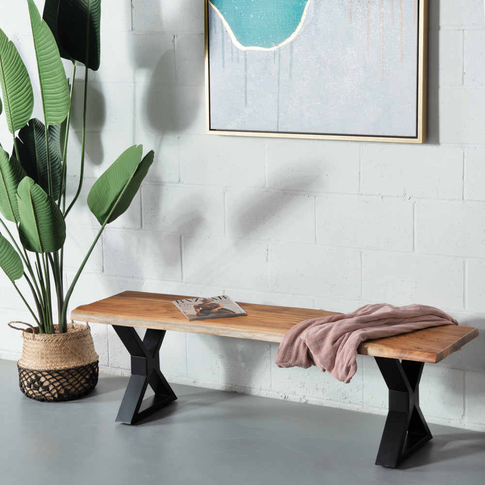 DANTON - Acacia Live Edge Bench 3.5cm Thickness Top with X Black Legs