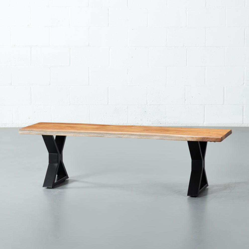 DANTON - Acacia Live Edge Bench 3.5cm Thickness Top with X Black Legs